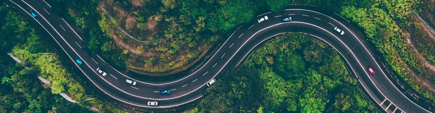 Aerial drone photograph of a winding road through dense tree cover