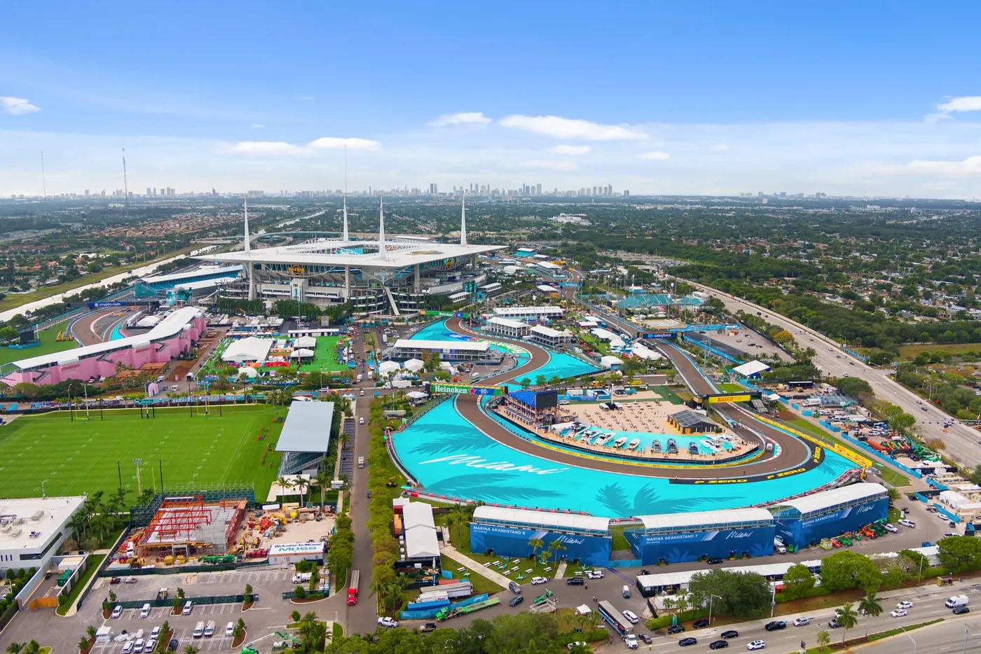 The Miami Grand Prix circuit laid out around the stadium, seen from the air