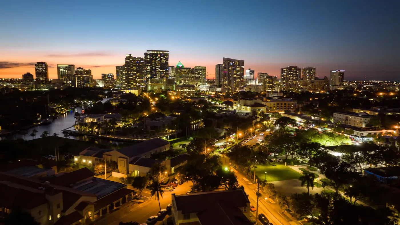 Fort Lauderdale after dark from the air, streets and buildings picked out in light