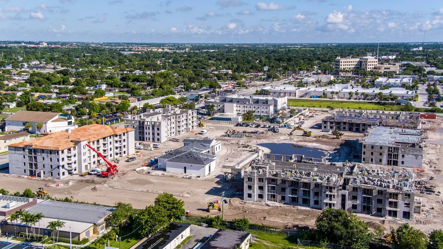 Aerial drone view of a South Florida coastal development beside the ocean