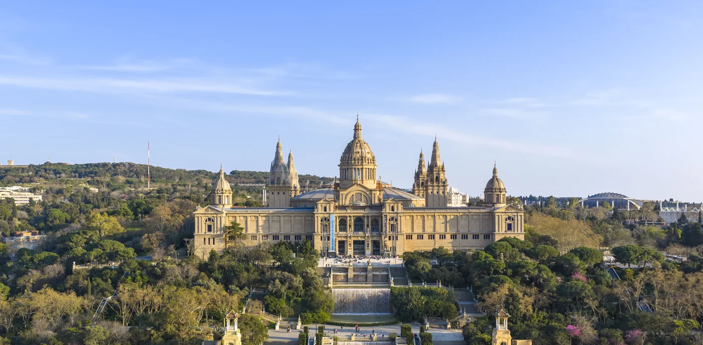 The Palau Nacional from further out and lower, domes and towers against the hillside