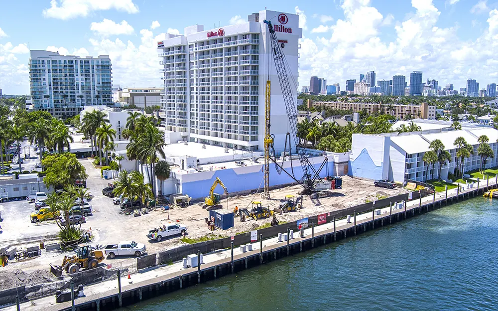 First progress flight over a Fort Lauderdale waterfront hotel and marina
