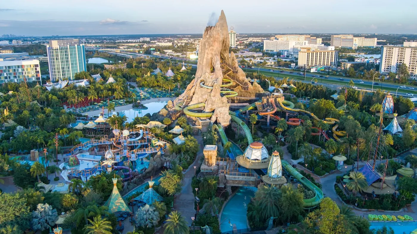 Orlando water park from the air, the volcano at its center ringed by slides and lagoons